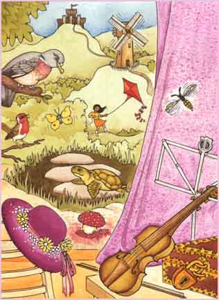 Violin, hat, pigeon, turtle, kite & windmill