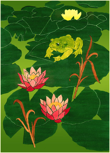 Green frog on lily pad